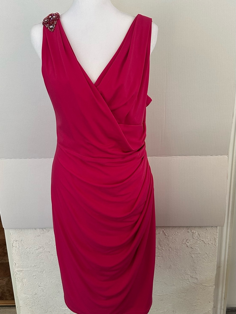 David Meister Fuchsia Draped V-Neck Midi Dress with Embellished Shoulder